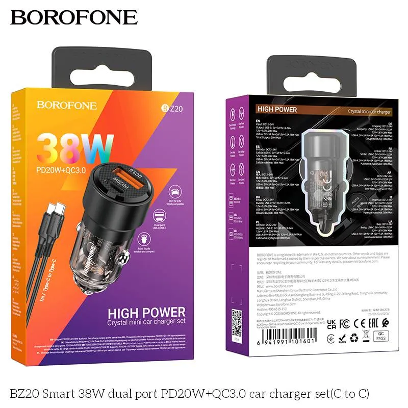 Incarcator auto Borofone 38W PD 20W + QC 3.0 18W set cu cablu Type-C Negru
