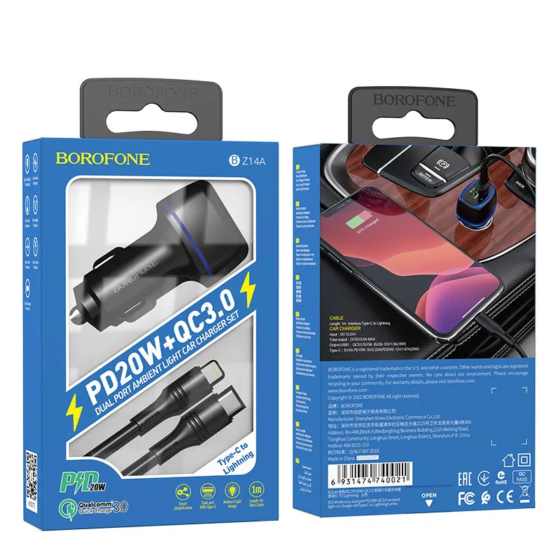 Incarcator auto Borofone BZ14A Mercury PD 20W + QC 3.0 set cu cablu Type-C Negru - imagine 2