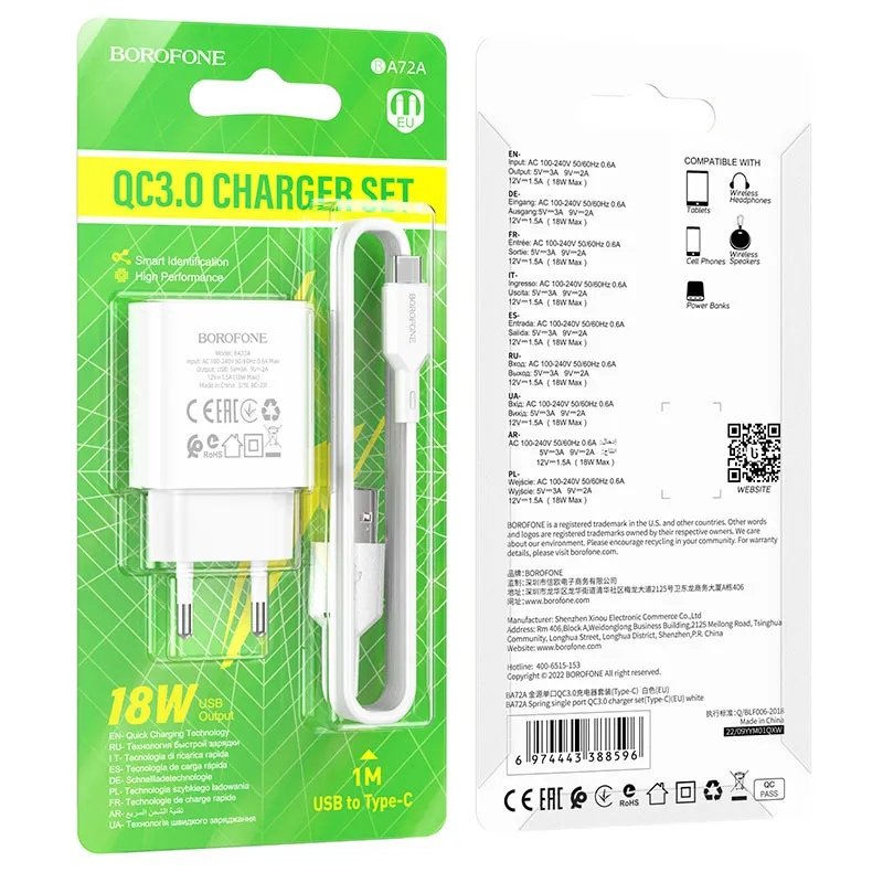 Incarcator Borofone QC 3.0 18W set cu cablu Type-C