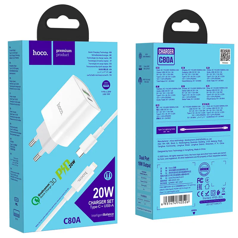 Incarcator Hoco C80A PD20W + QC3.0 set cu cablu Type-C Alb - imagine 2