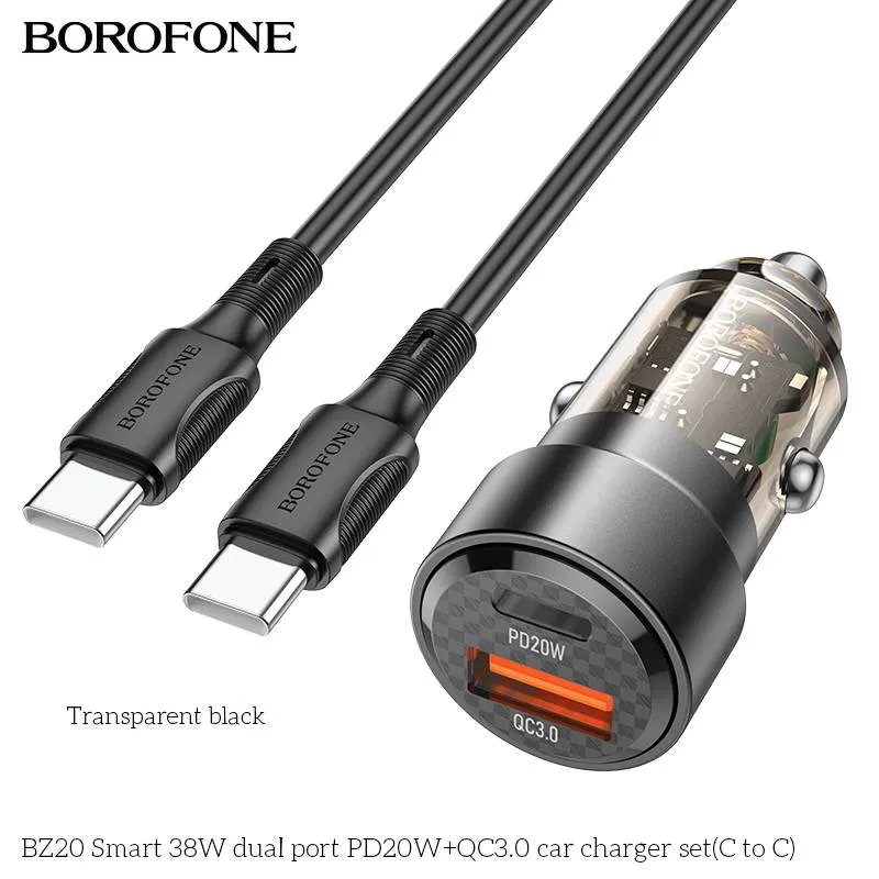 Incarcator auto Borofone 38W PD 20W + QC 3.0 18W set cu cablu Type-C Negru - imagine 2