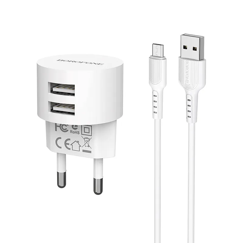 Incarcator Borofone 2 USB 2.4 Ah set cu cablu Lightning Alb